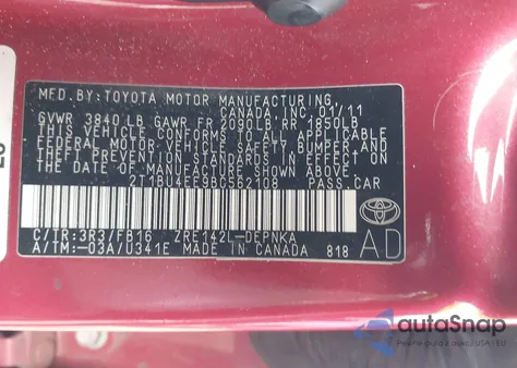 2011 Toyota Corolla Le from USA, damaged, VIN 2T1BU4EE9BC562108